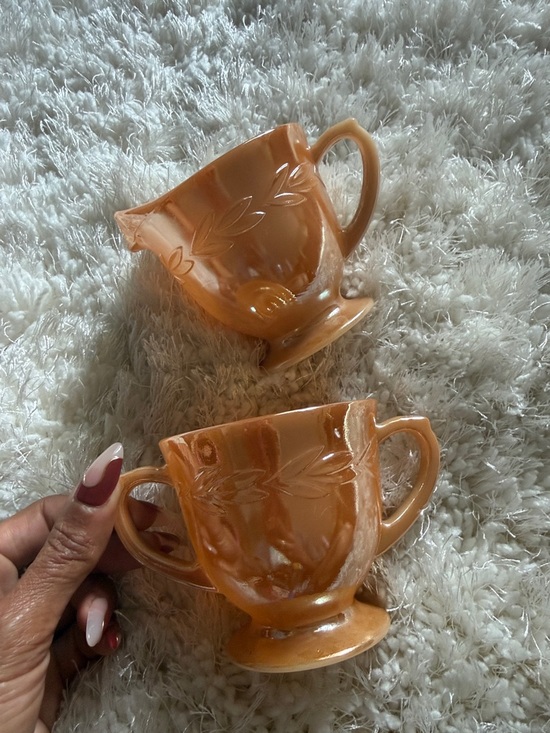 Fire King Other - Vintage Fire-King Peach Luster Cream & Sugar Set Iridescent Milk Glass